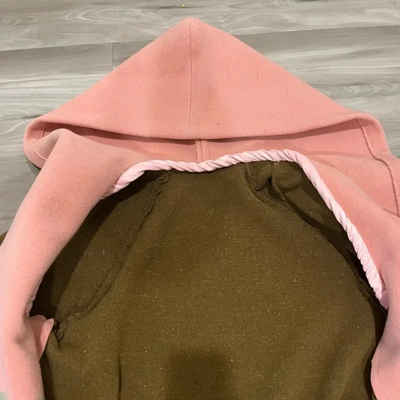 Handmade New Look Pink Hooded Striped Wool-Blend Cape Coat with Olive Sleeves - Picture 6 of 8